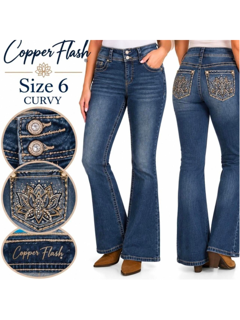 Copper Flash Curvy Size 6 Embellished Bootcut Jeans Rhinestone Y2K